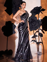 Glam One-Shoulder Black Sequin Dress – Backless Maxi Gown