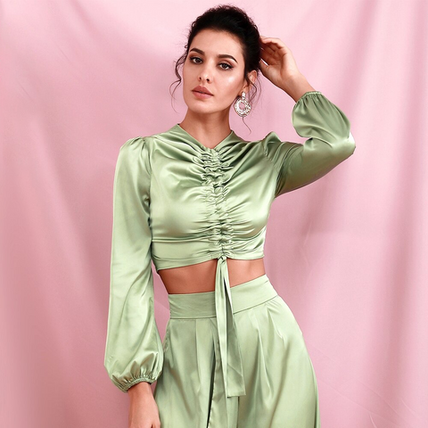 Light Green Round Neck Middle Drawstring Lantern Sleeve Top