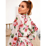 Stand Collar Lantern Sleeve White Flower Print Chiffon Top