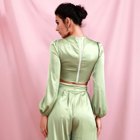 Light Green Round Neck Middle Drawstring Lantern Sleeve Top