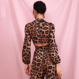 Leopard Chiffon Round Neck Middle Drawstring Lantern Sleeve Top