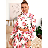 Stand Collar Lantern Sleeve White Flower Print Chiffon Top