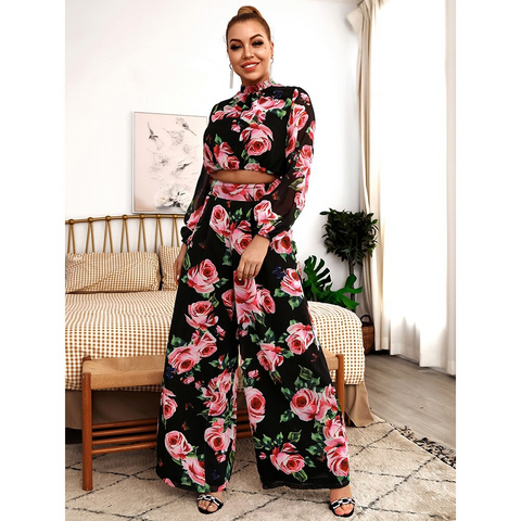 Stand Collar Lantern Sleeve Black Flower Print Chiffon Top