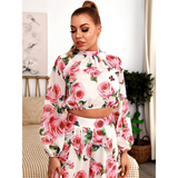 Stand Collar Lantern Sleeve White Flower Print Chiffon Top