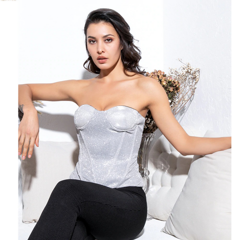 Silver Tube Top Chest Cup Skeleton Support Glitter Top