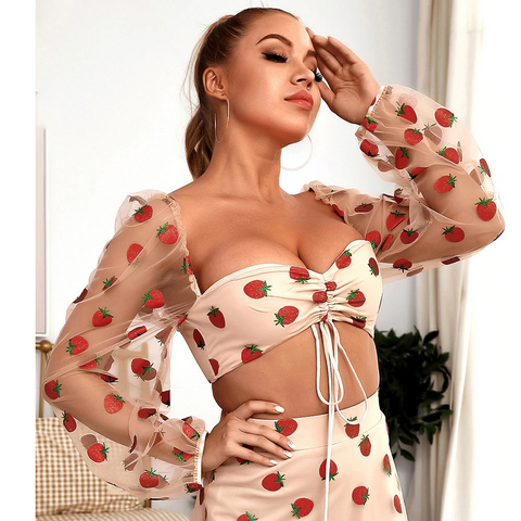 Strawberry Print Mesh Long Sleeve Lace Short Top