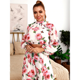 Stand Collar Lantern Sleeve White Flower Print Chiffon Top