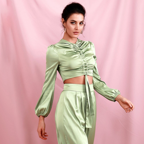 Light Green Round Neck Middle Drawstring Lantern Sleeve Top