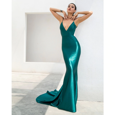 Green V-Neck Plain & Flashy Gown
