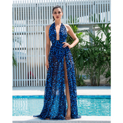 Blue Leopard Print Chiffon Long Dress