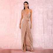 Rose Gold Deep V-Neck Split Sequins Long Party Dress