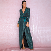Green Gold Deep V-Neck Cross Fit Long Sleeve Sequins Dress
