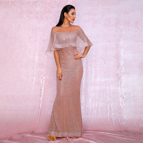 Rose Gold Cloak Style Glitter Glued Party Dress