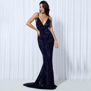 Navy Blue Elastic Sequin  Long Dress