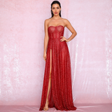 Red Strapless Tube Top Glitter Material Split Poncho Maxi Dress
