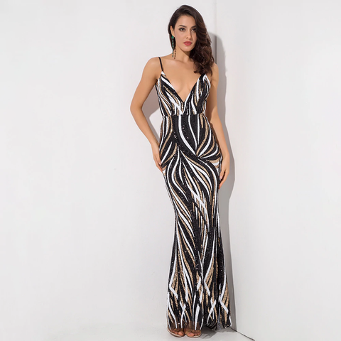 Open Back Stripe Sequins Long Dress