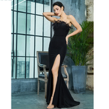 Black Strapless Cut Out Feather Long Dress