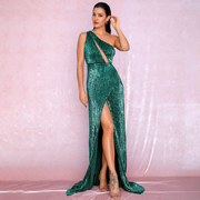 Green One shoulder cut Out Sequin Long Dress