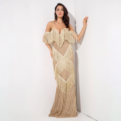 Gold Fringed Decorative Stripes Glitter  Dress