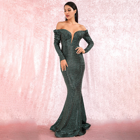 Open Shoulder Green Sequins Party Maxi Dress