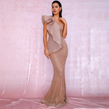 One shoulder Ruffle Stitch Rose Gold Glitter Maxi Dress