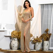 Gold Tube Top Dot Glitter Glued  Draping Split Dress