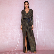 Gold V-Neck Cross Fit Long sleeve Sequins Long Dress