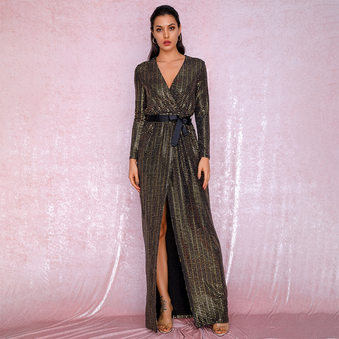 Gold V-Neck Cross Fit Long sleeve Sequins Long Dress