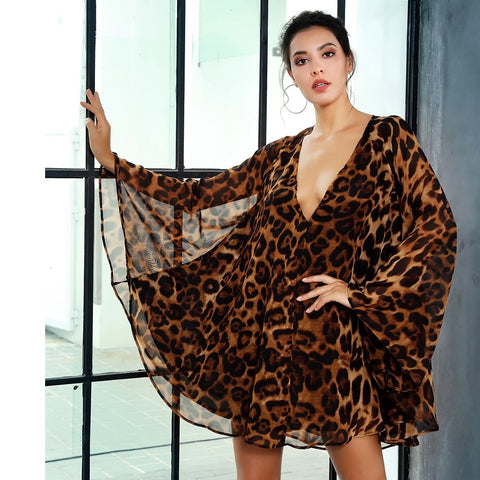 Cloak Style Leopard Chiffon Mini Dress