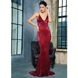 Wine Red Fishtail Sequins Long Dress