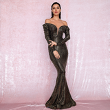 Open Shoulder Gold Sequins Long SLeeve Party Dress