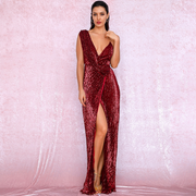 Deep Red V-Neck Sequins Party Maxi Dress