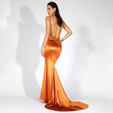 Orange Deep V-Neck Open Back Slim Long Dress