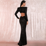 Sexy Black V-Neck  Geometric Cut-out Sequin Long Dress