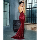 Wine Red Fishtail Sequins Long Dress