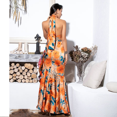 Orange Cross Straps Floral Long Dress