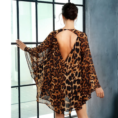 Cloak Style Leopard Chiffon Mini Dress