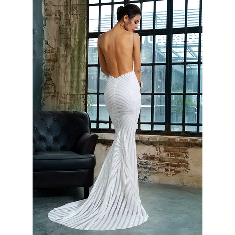 Open Back White Geometry Sequins Long Dress