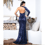 Navy Blue Sequined Bodycon Long Dress