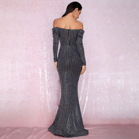 Open Shoulder Silver Sequin Long Sleeve Party Dress