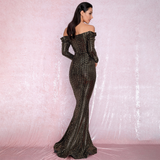 Open Shoulder Gold Sequins Long SLeeve Party Dress