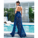 Blue Leopard Print Chiffon Long Dress