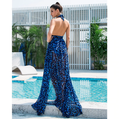 Blue Leopard Print Chiffon Long Dress