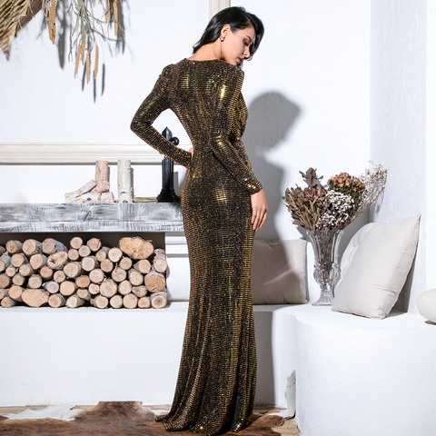 Gorgeous Gold Deep V-Neck Cut Out Sequins Long Dress