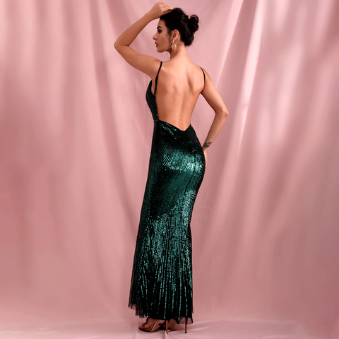 Green V Neck Sequins Party Dress