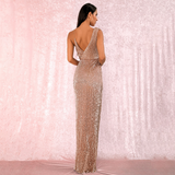 Rose Gold Deep V-Neck Split Sequins Long Party Dress
