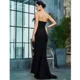 Black Strapless Cut Out Feather Long Dress