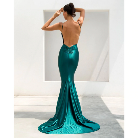 Green V-Neck Plain & Flashy Gown