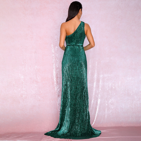 Green One shoulder cut Out Sequin Long Dress