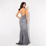 Grey Deep V-Neck Sequin  Long Dress